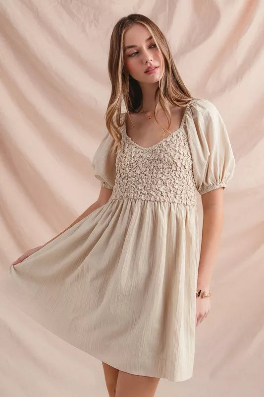 SO ME Textured Woven Daily Dress with Puff Sleeves
