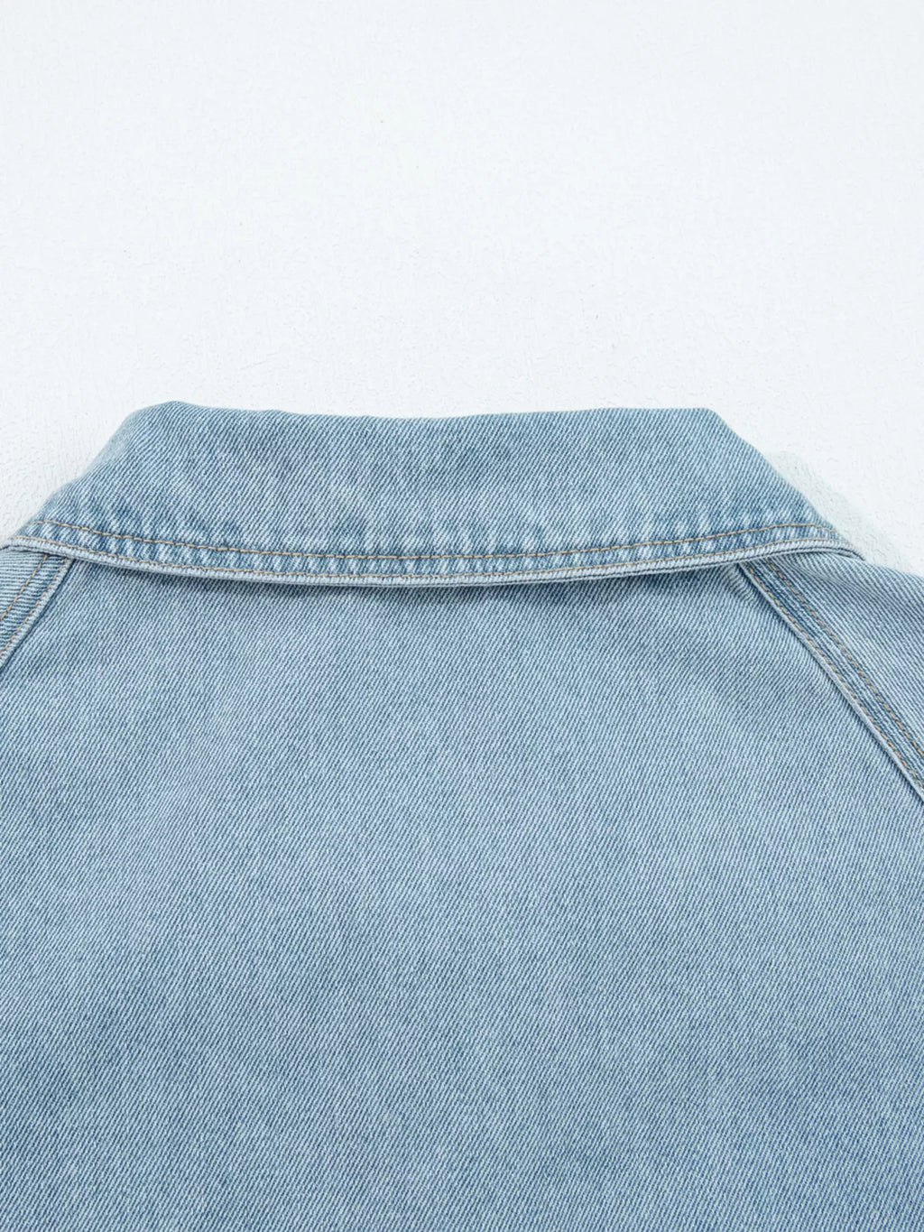Elastic Edge Collared Zip Up Denim Jacket With Pocket