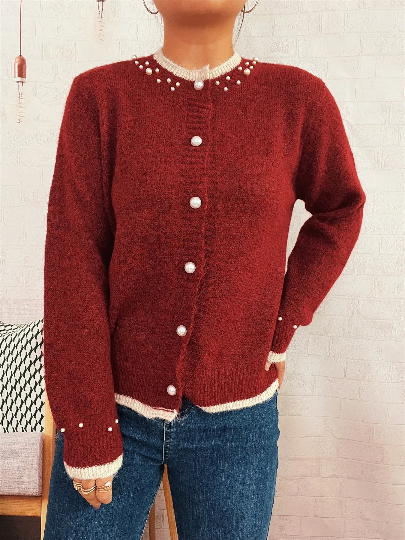 Pearl Embellished Button-Front Cardigan