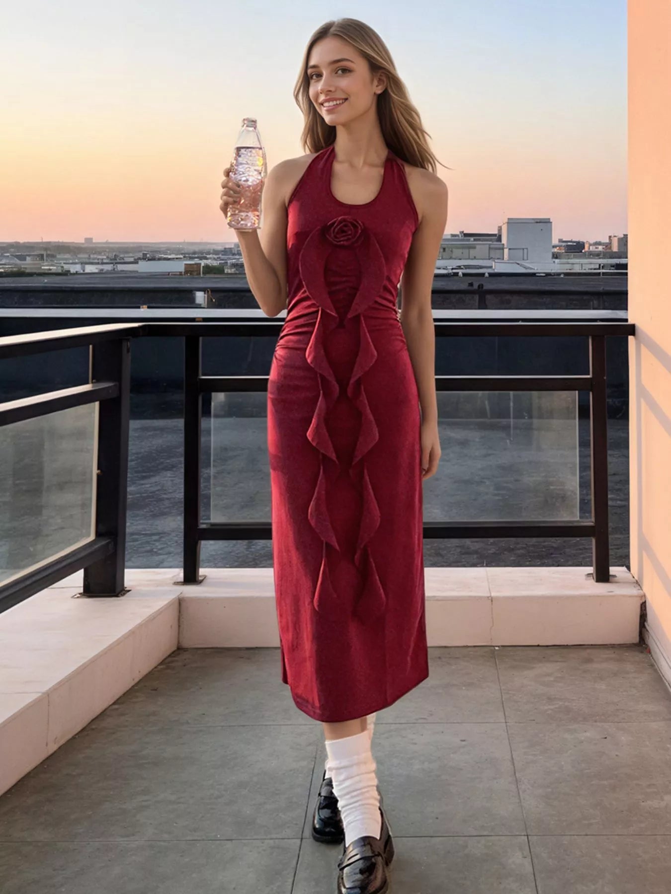 Halter Neck Ruffle Midi Dress