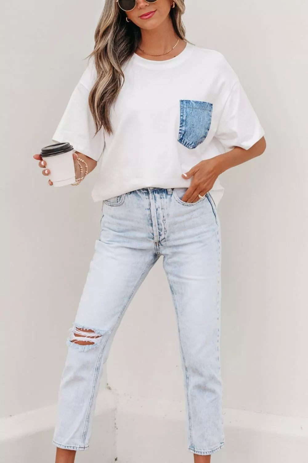 Color Block Chest Pocket Patched Casual Short Sleeve Top
