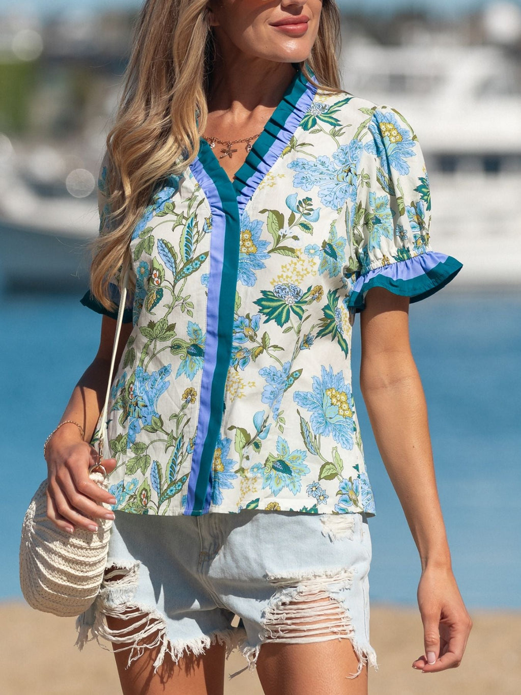 Floral Print Contrasted Frilled Striped Trim Short Sleeve Blouse