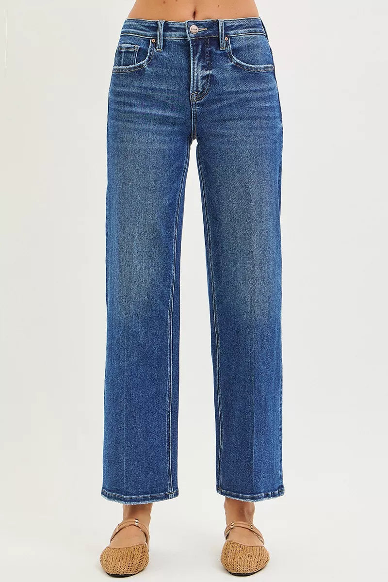 RISEN Tummy Control High Rise Ankle Straight Jeans with Crease Line