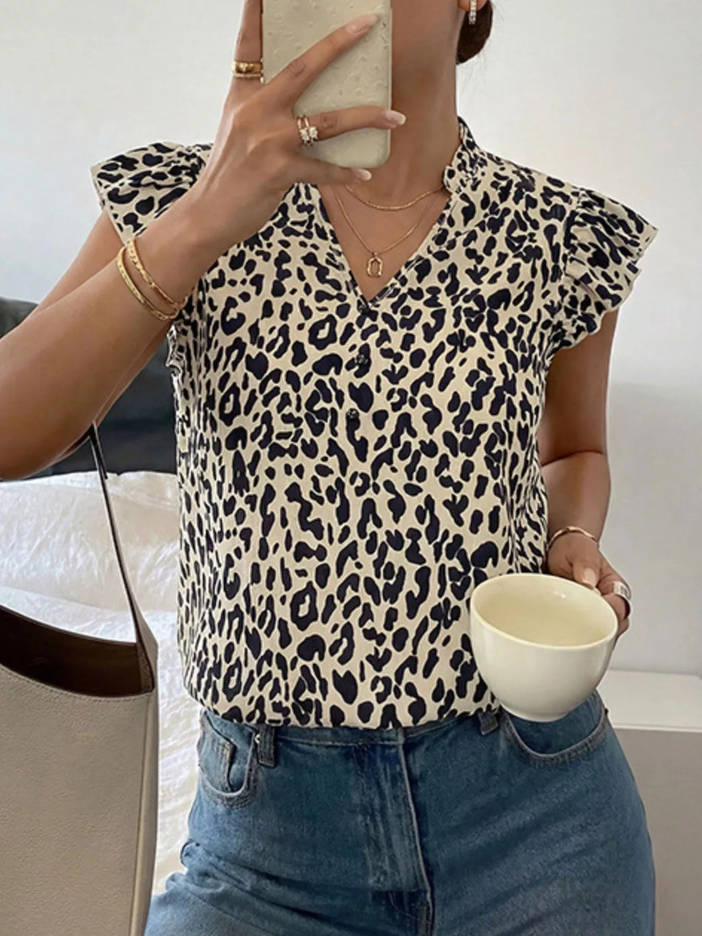 Leopard Print Ruffle Sleeve Blouse