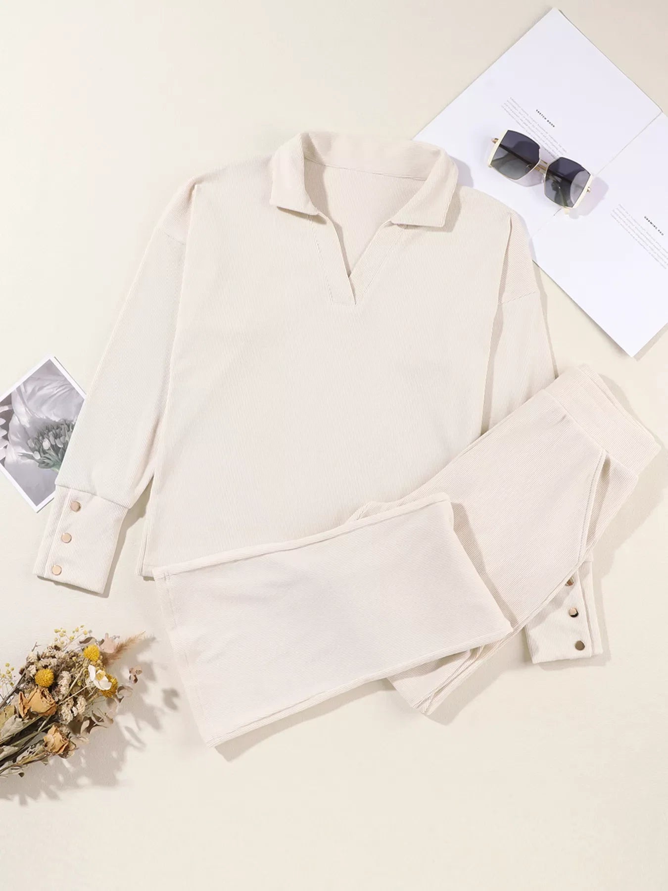 Collared Split Neck Ribbed 2pcs Outfit Set