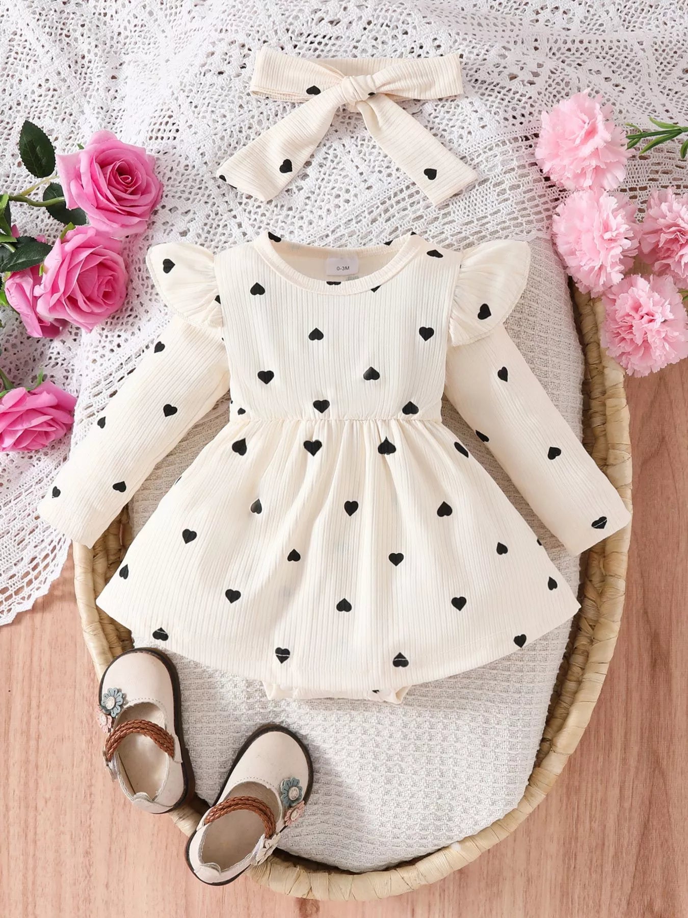 Children's Heart Print Ruffle Trim Bodysuit Dress with Headband