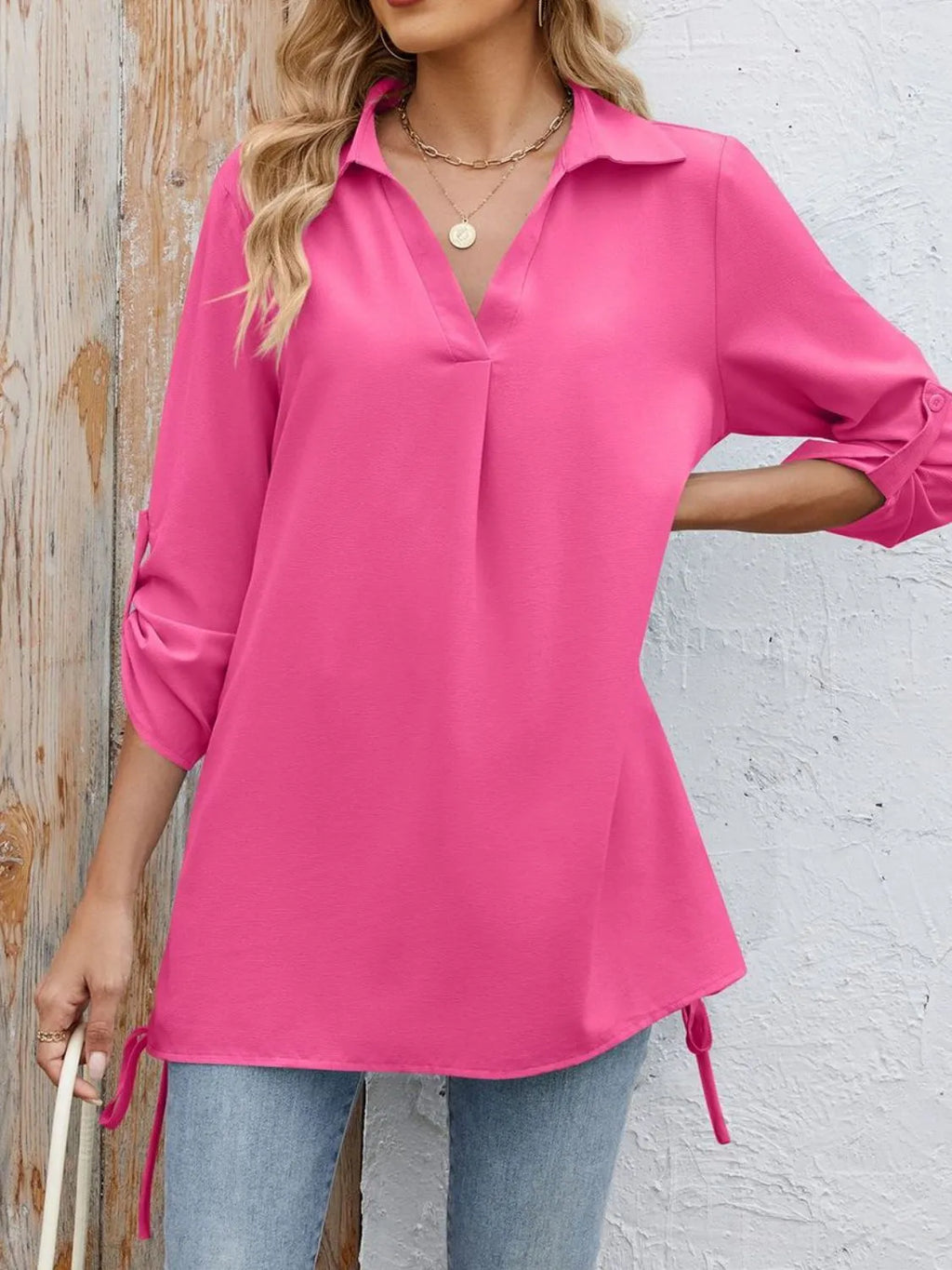 Drawstring Johnny Collared Three-Quarter Sleeve Top