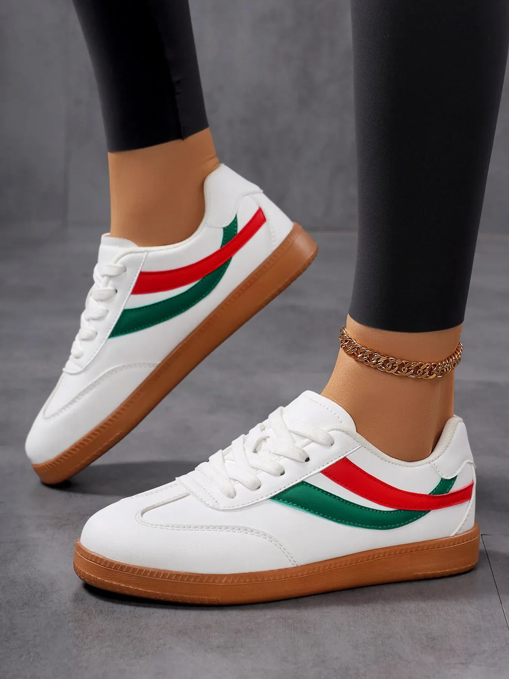 Lace Up Flat Sneakers with Stripe Accent