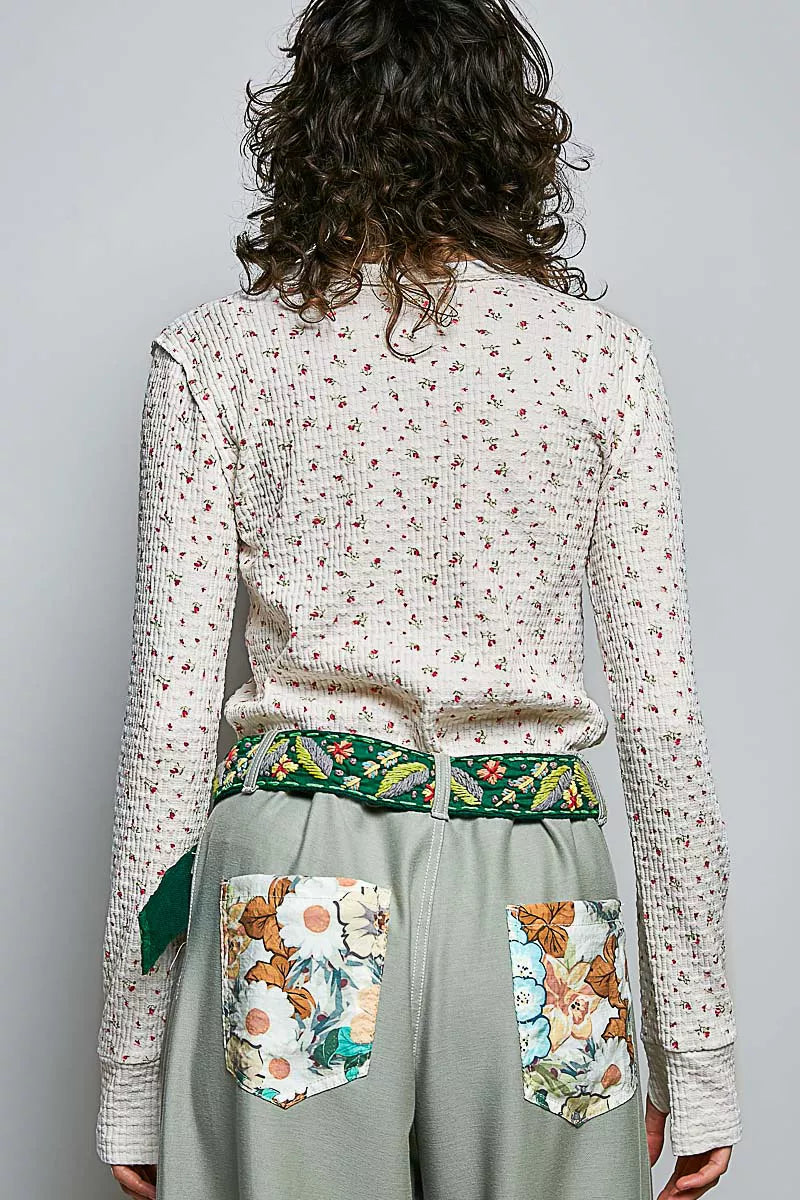 POL Ribbed Knit Floral Crew Neck Long Sleeve Top