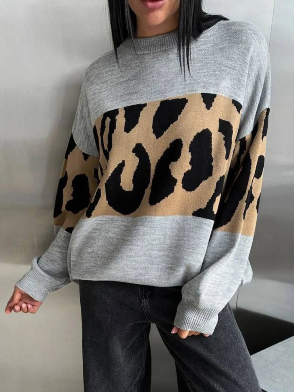 Leopard Color Block Round Neck Sweater