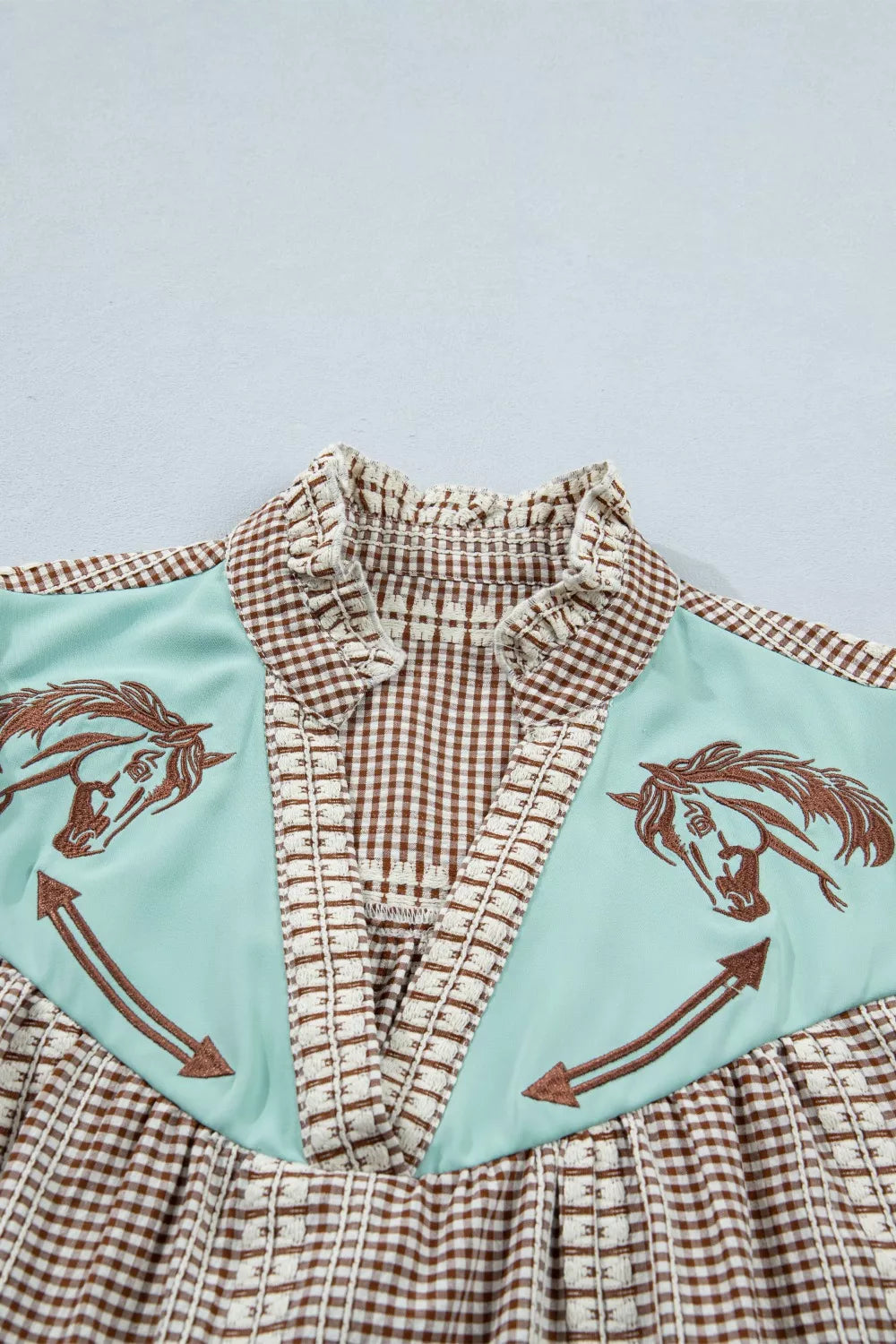 Western Pony Embroidered Yoke Puff Sleeve Gingham Blouse