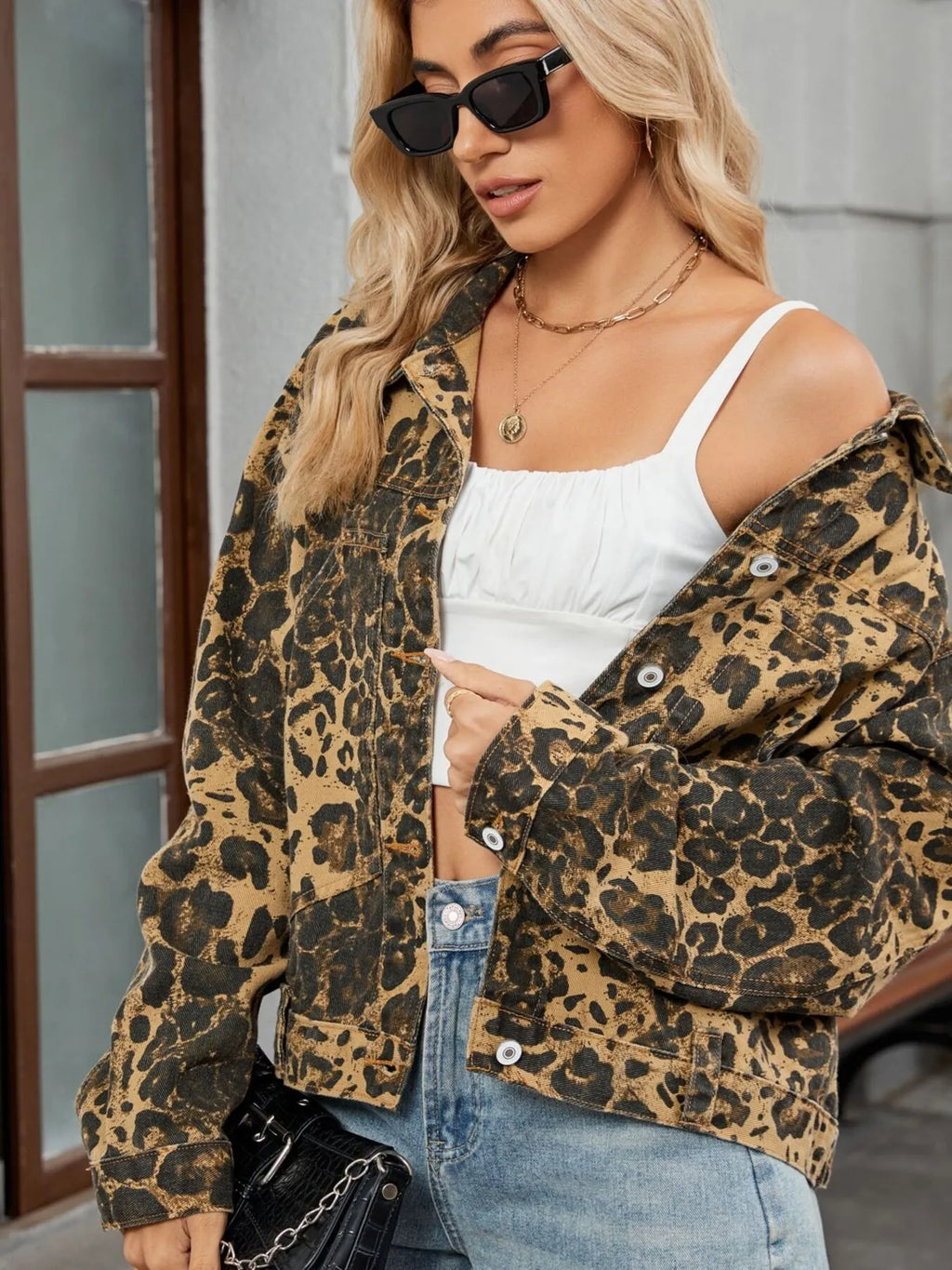 Leopard Print Button Up Denim Jacket
