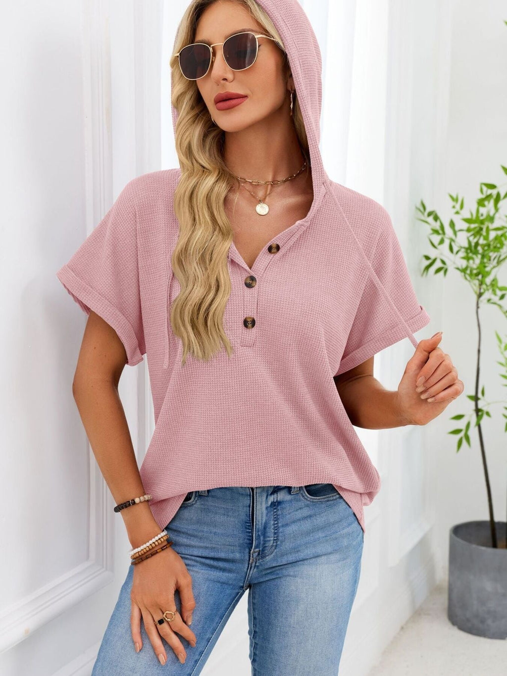 Casual Waffle Knit Button Detail Hooded Top