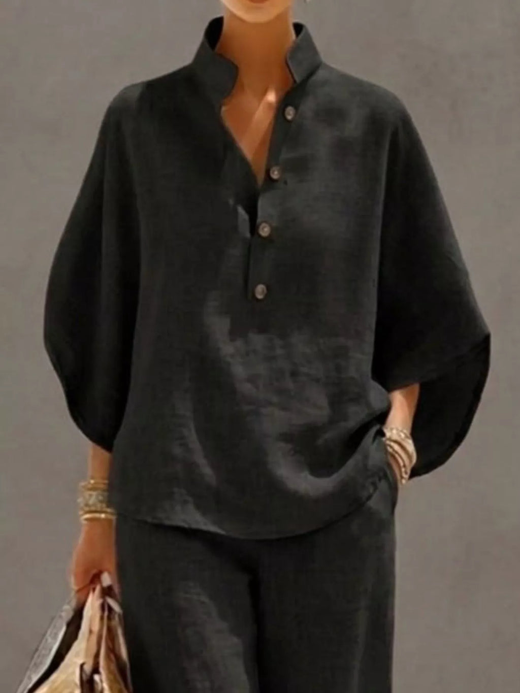 Full Size Button Detail 3/4 Sleeve Top and Pants Set Plus Size