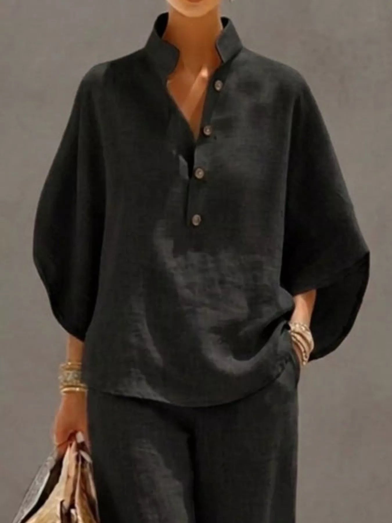Full Size Button Detail 3/4 Sleeve Top and Pants Set Plus Size