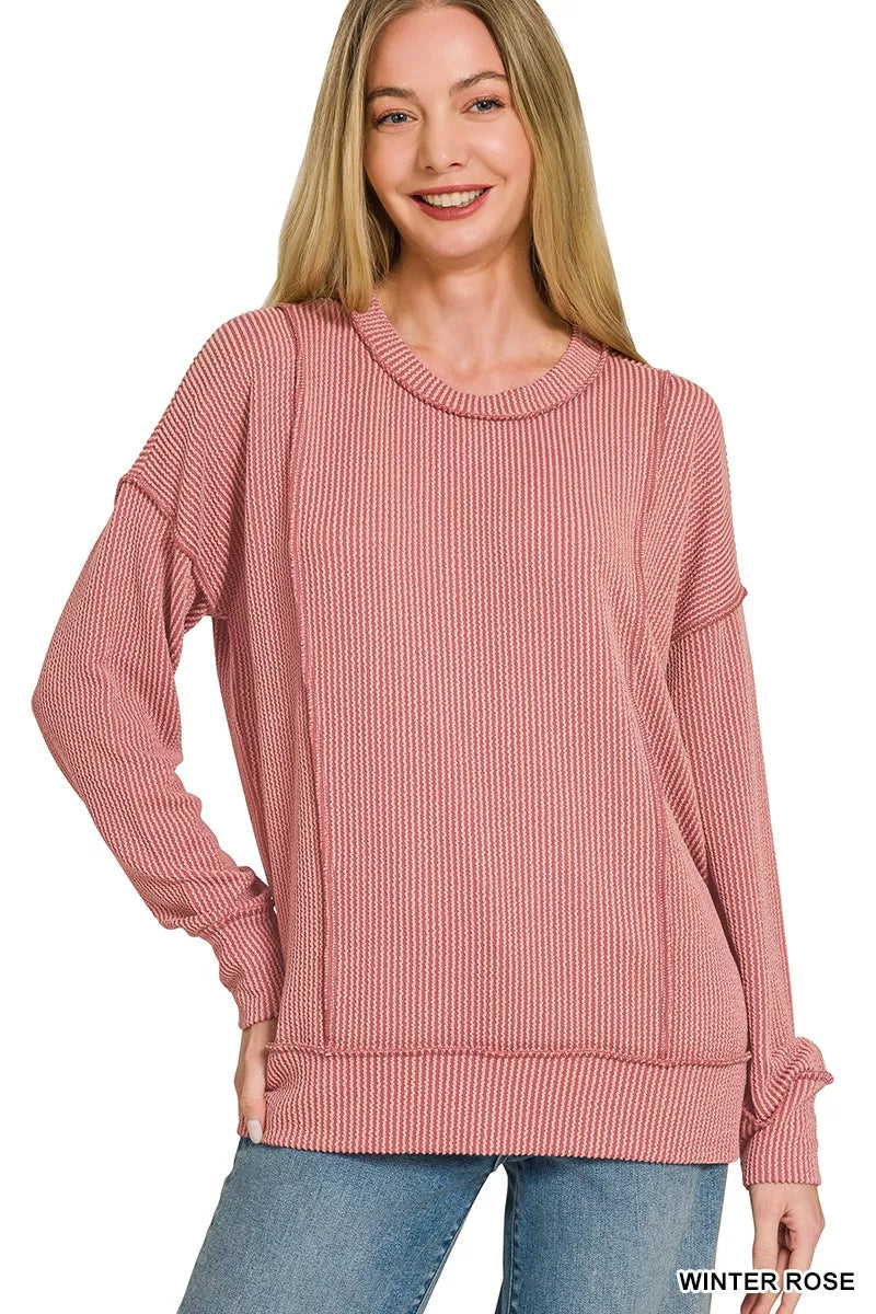 Zenana Corded Rib Long Sleeve Round Neck Top