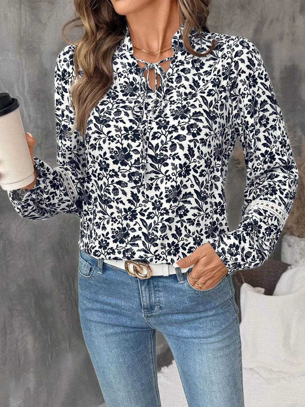 Printed Tie Neck Long Sleeve Blouse