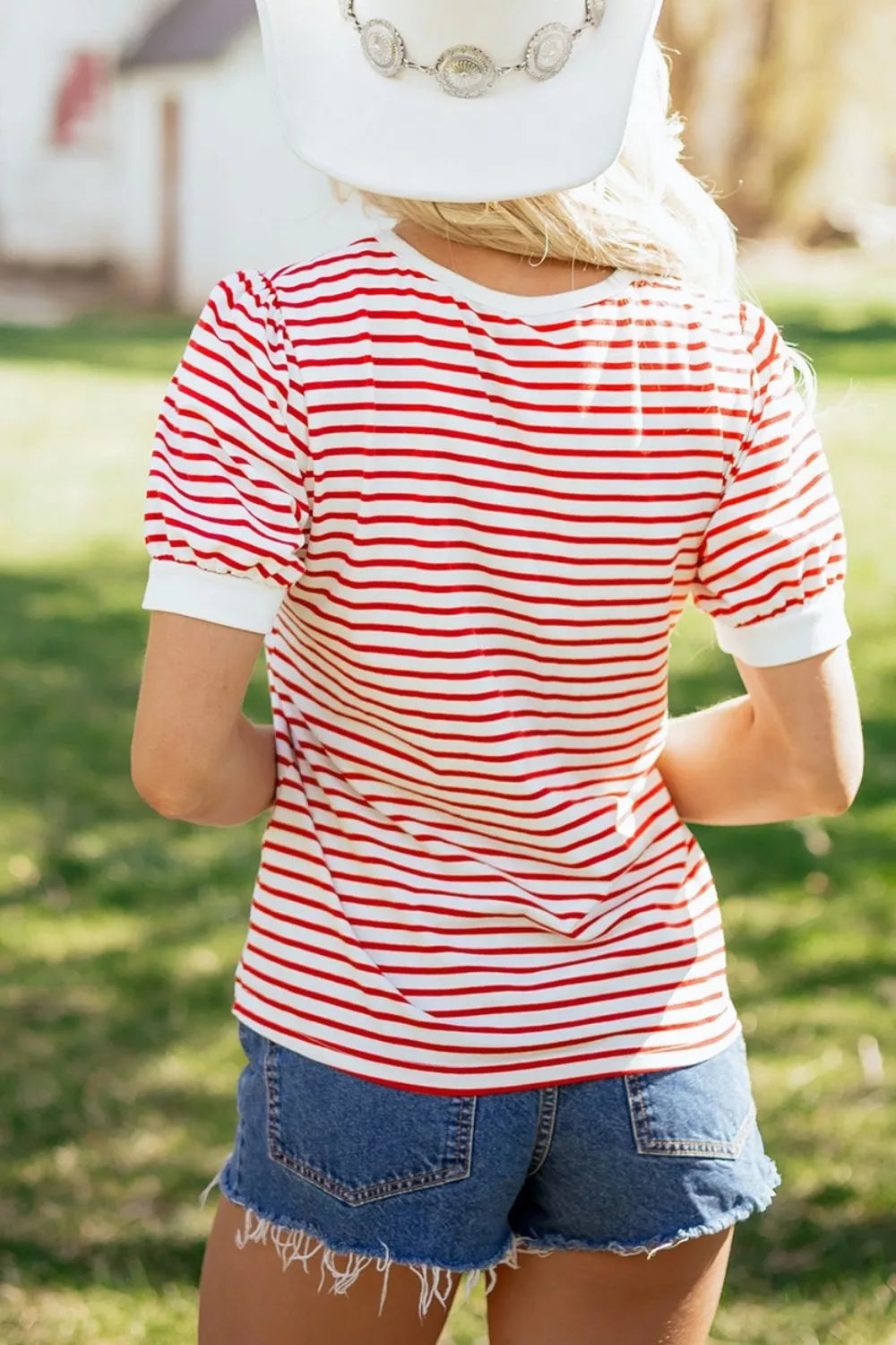 Stripe Contrast Trim Round Neck Short Puff Sleeve T Shirt