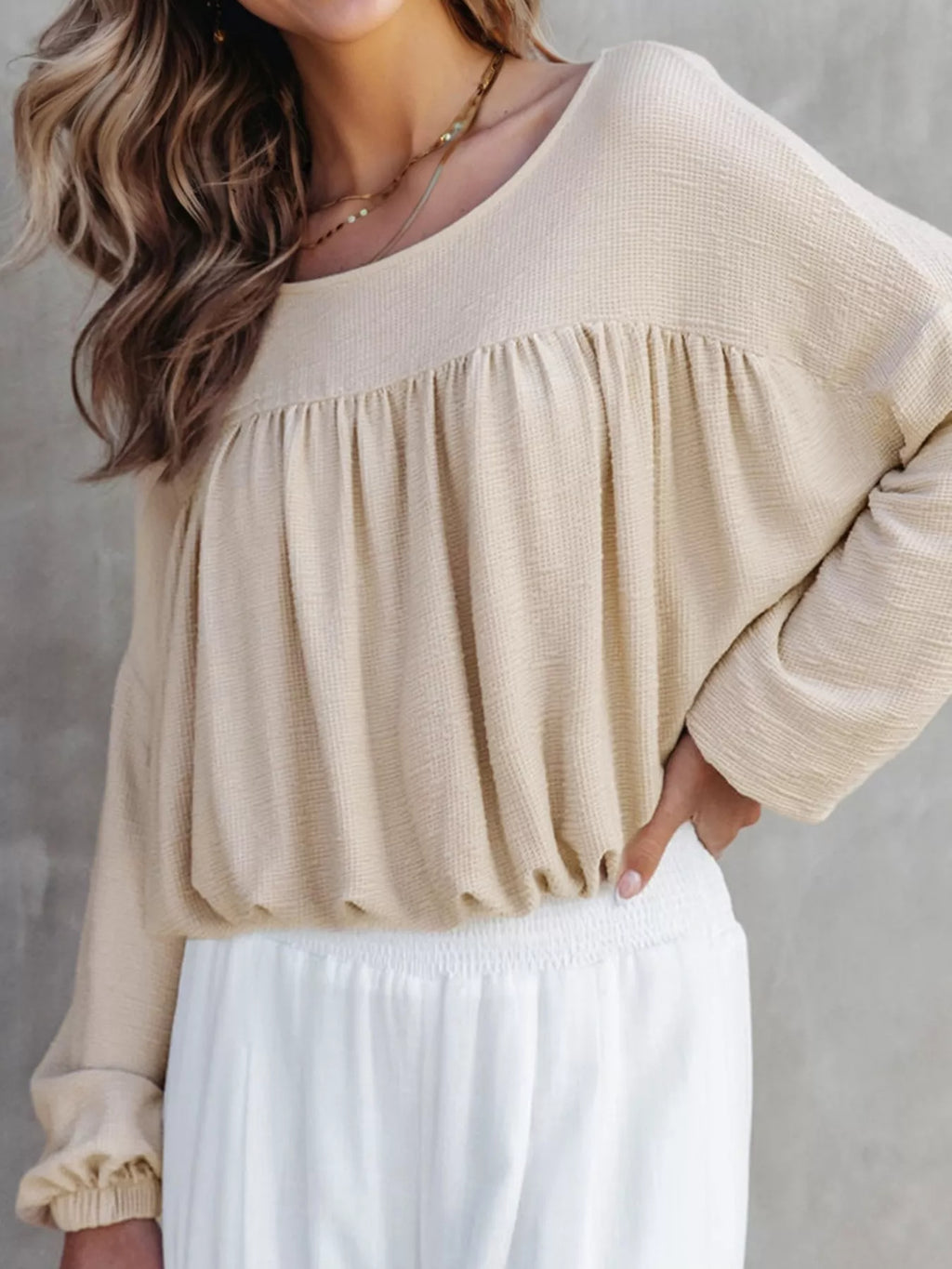 Textured Drop Shoulder Long Sleeve Top