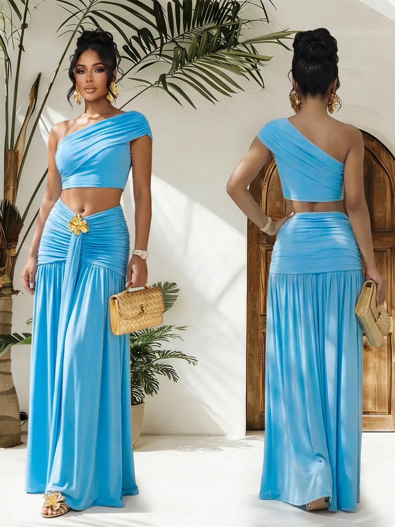 One-Shoulder Top and Ruched Maxi Skirt Set