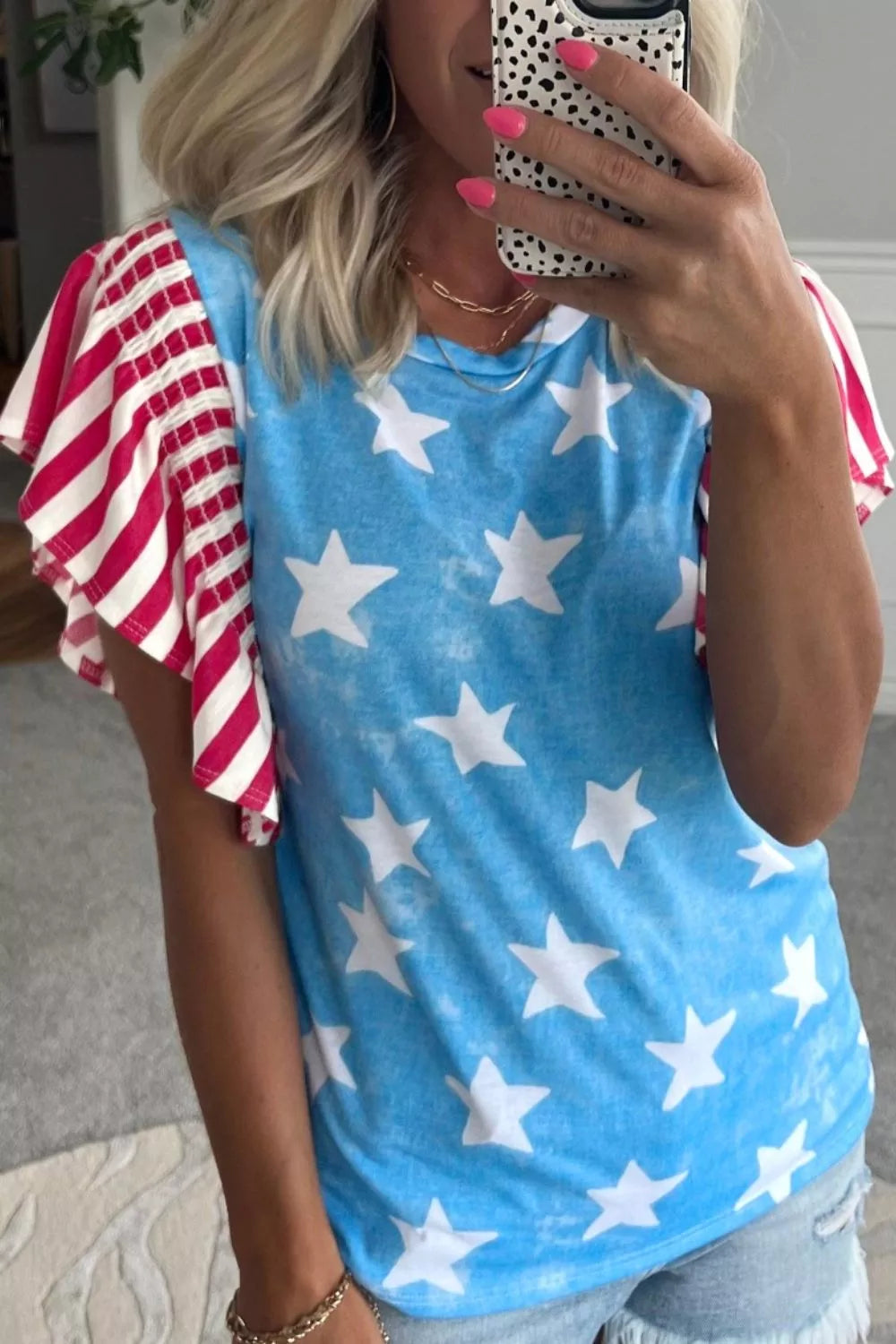 Vintage Star Print Striped Ruffle Sleeve Independence Day Top