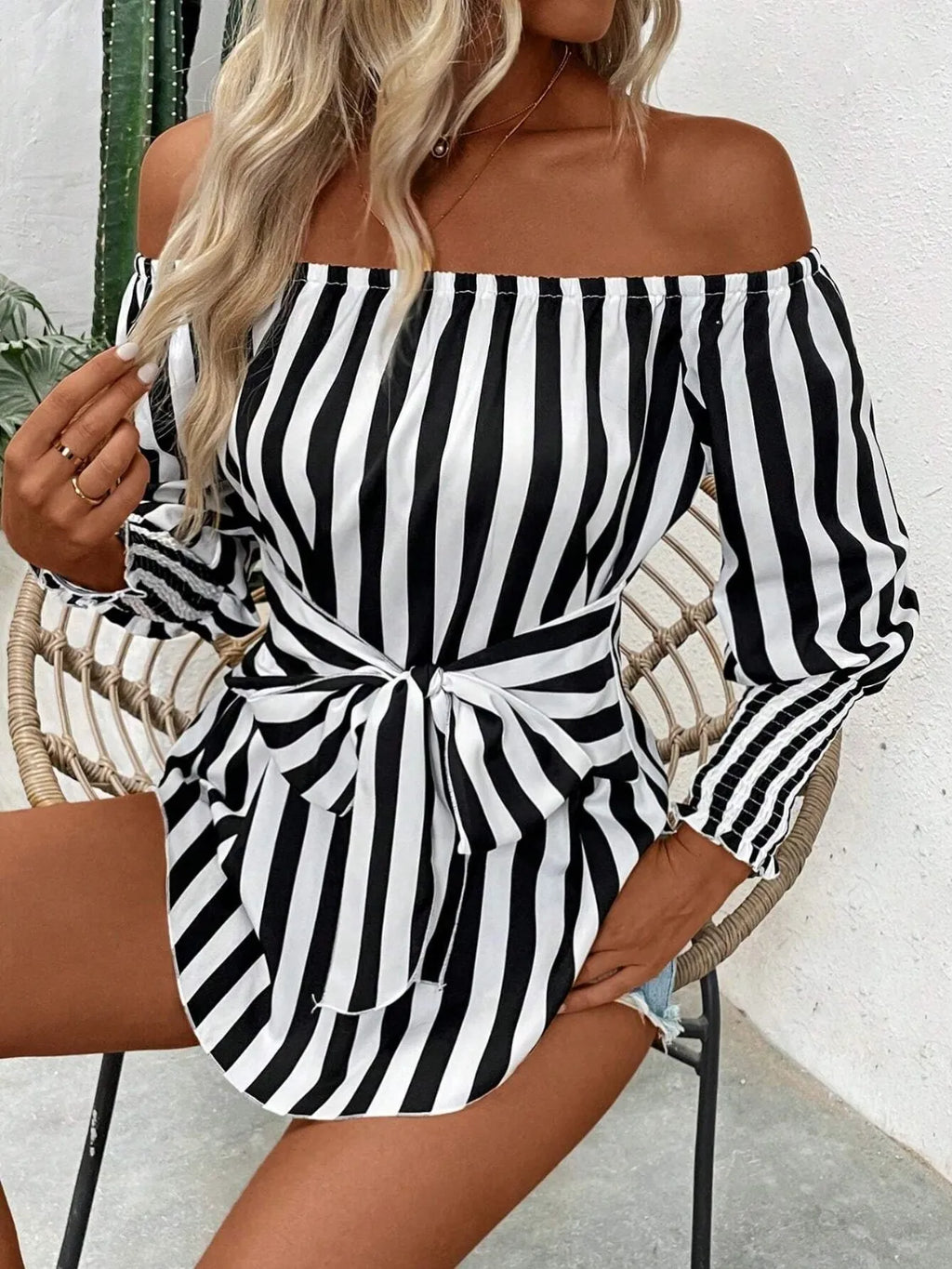 Striped Off-Shoulder Long Sleeve Blouse
