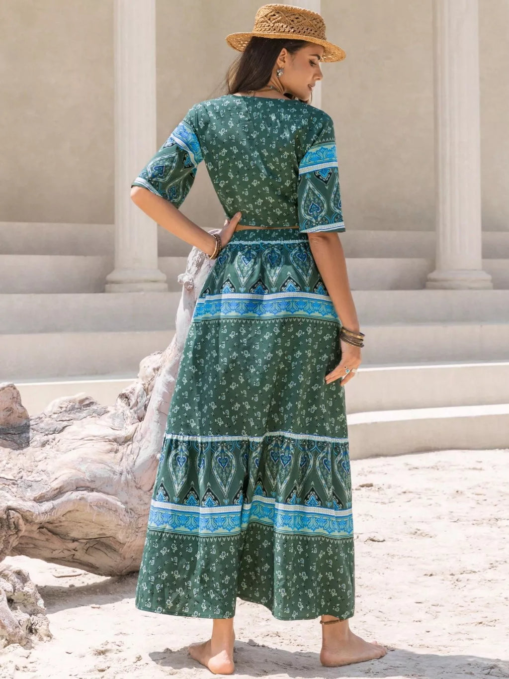 Tie Front Half Sleeve Top and Skirt Set