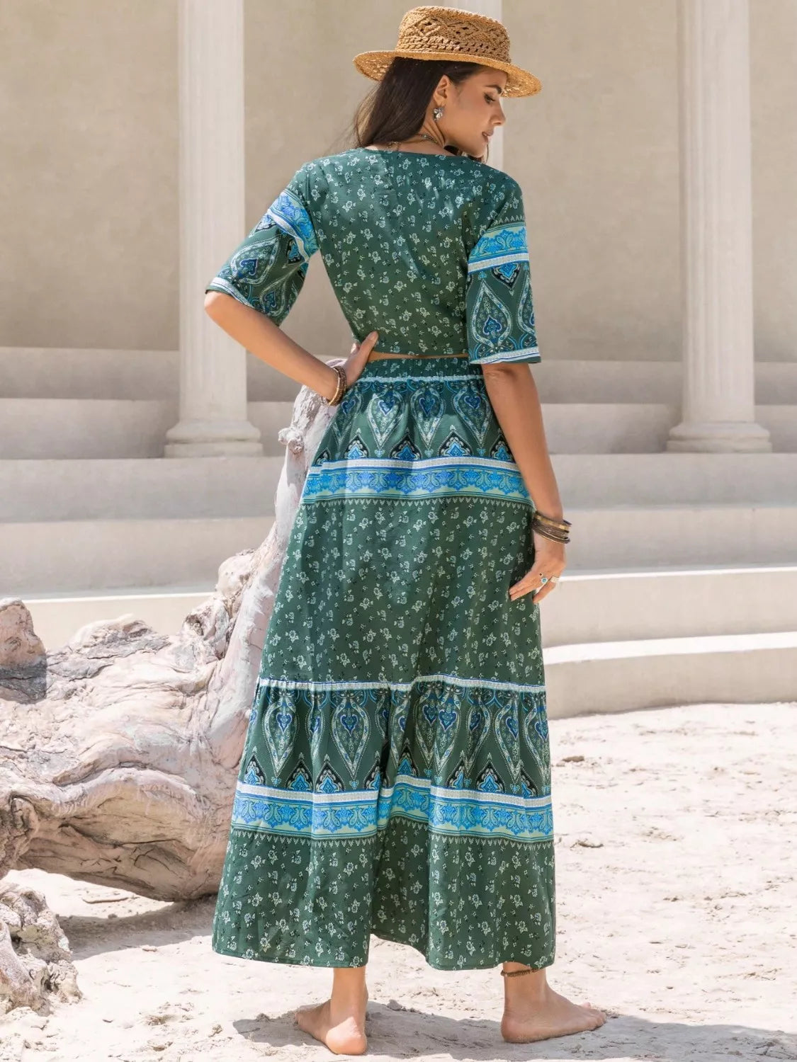 Tie Front Half Sleeve Top and Skirt Set