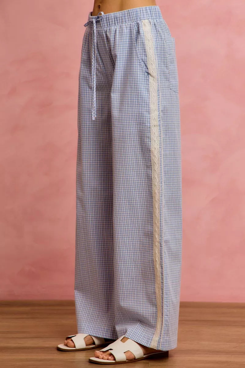 SO ME Wide Check  Pants With Side Lace Trim And Piping