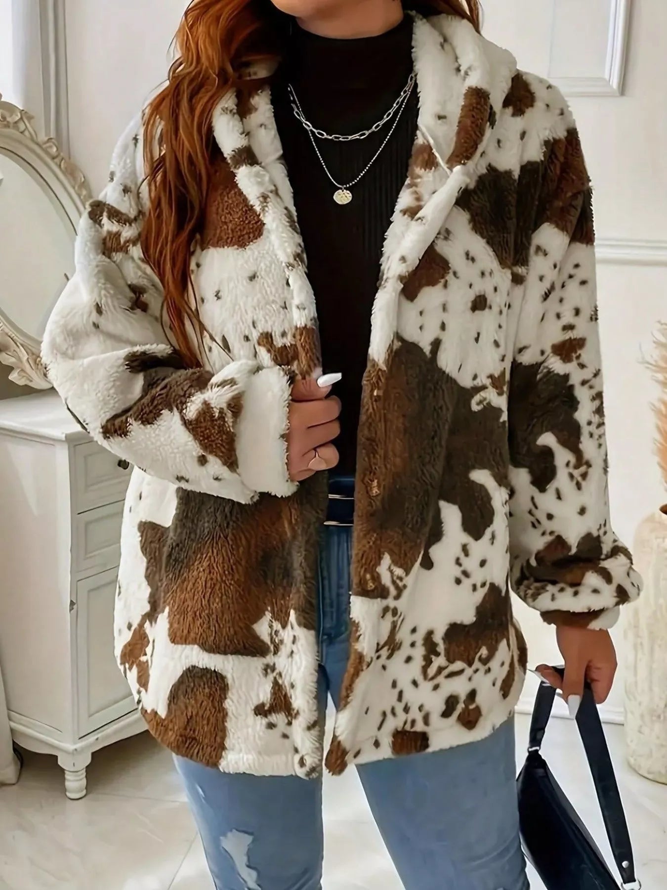 Cow Print Plush Hooded Outerwear
