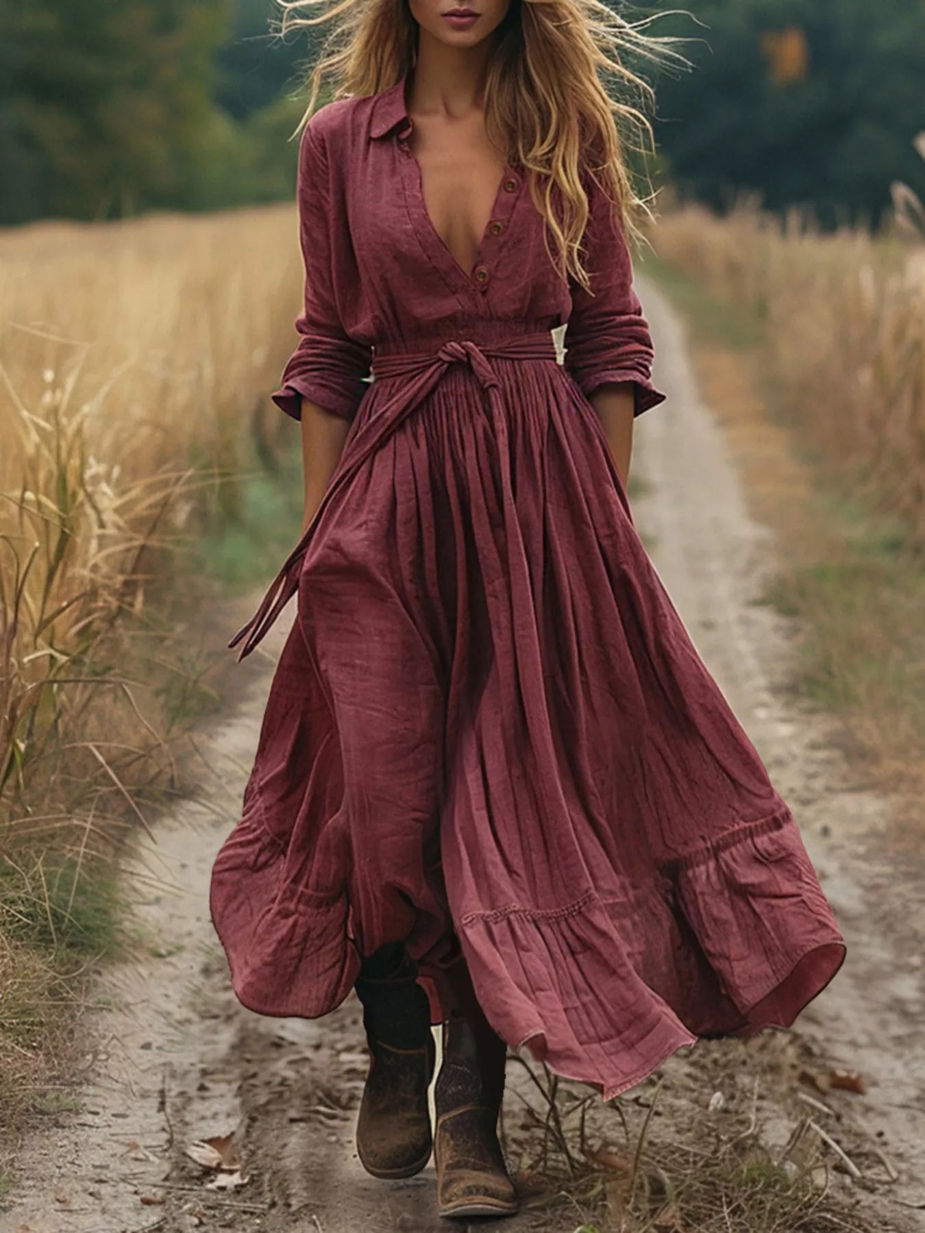 Tie Waist Long Sleeve Ruffled Hem Dress