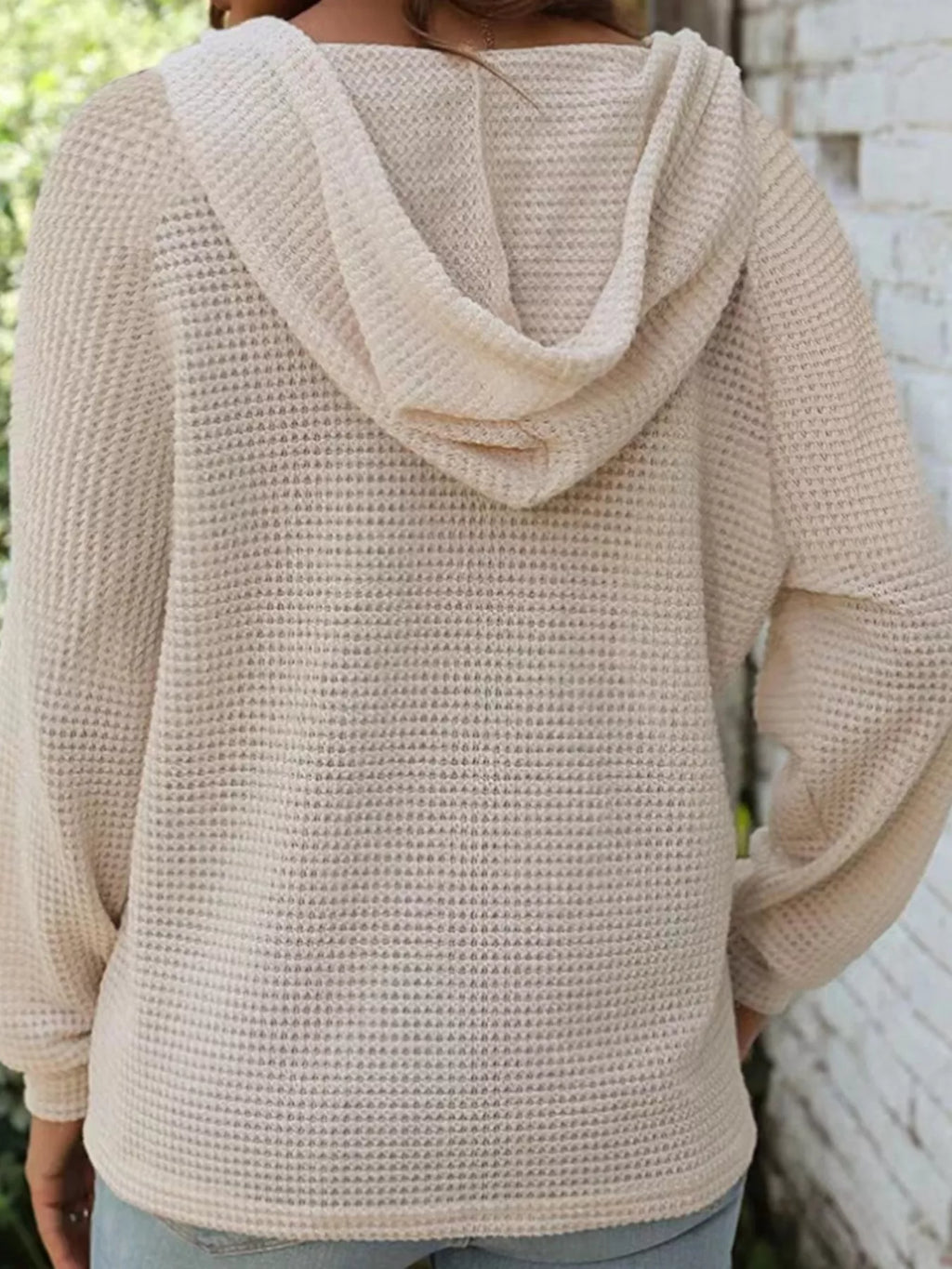 Casual Waffle Knit Button Detail Hoodie