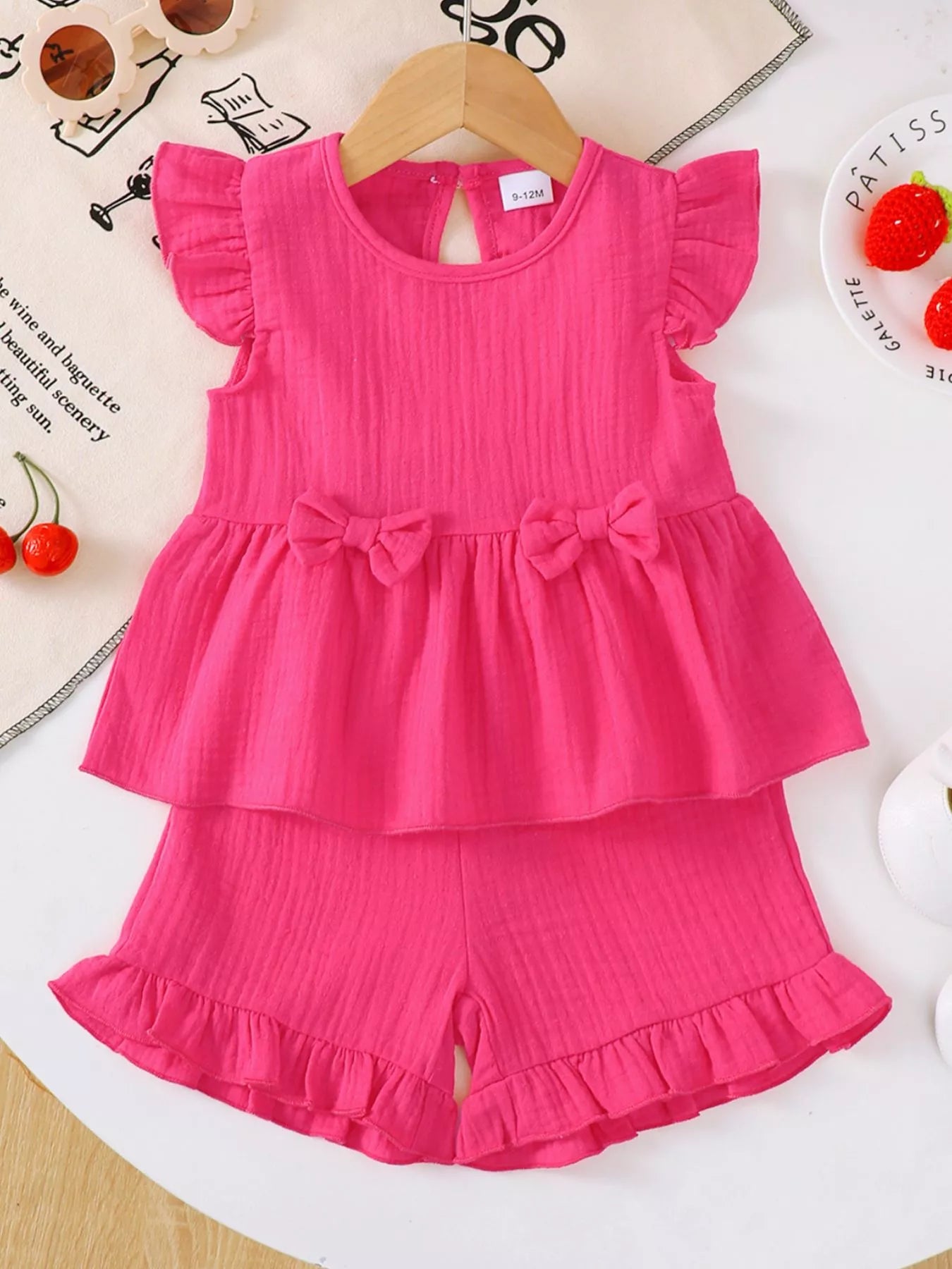 Children's Ruffle Trim Bowknot Top & Shorts Set