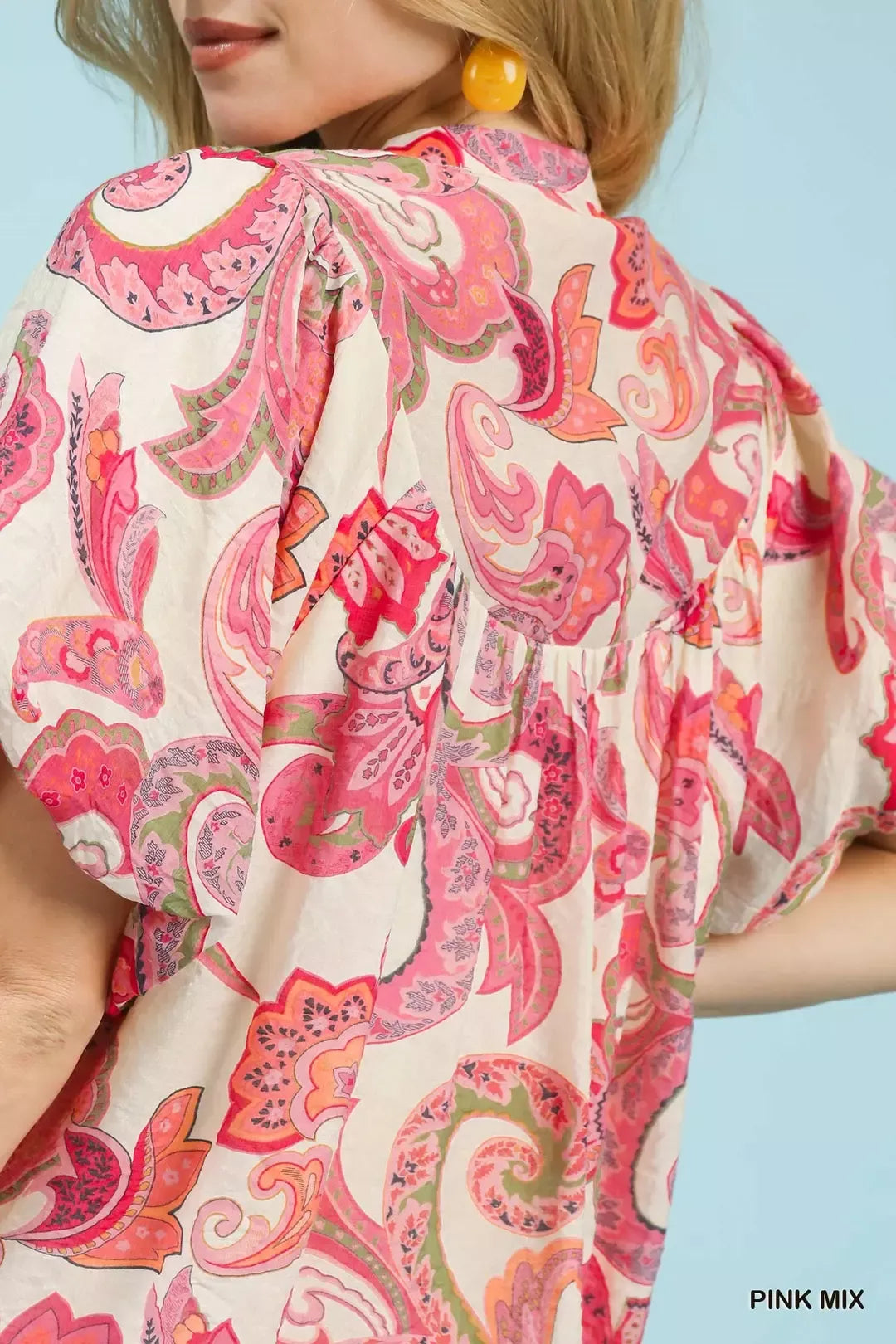 Umgee Mix Paisley Print Peasant Top with Tie Neck
