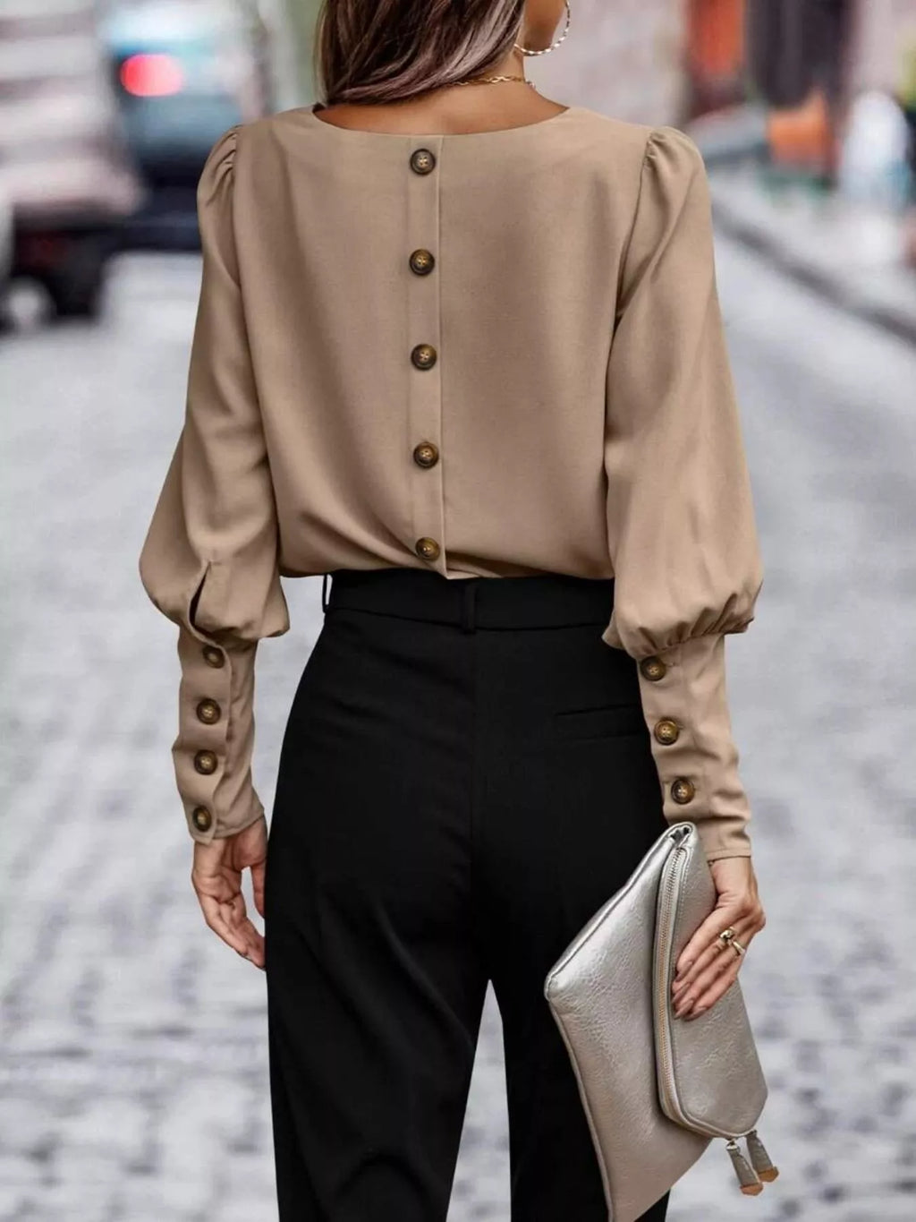 Back Button Lantern Sleeve Blouse