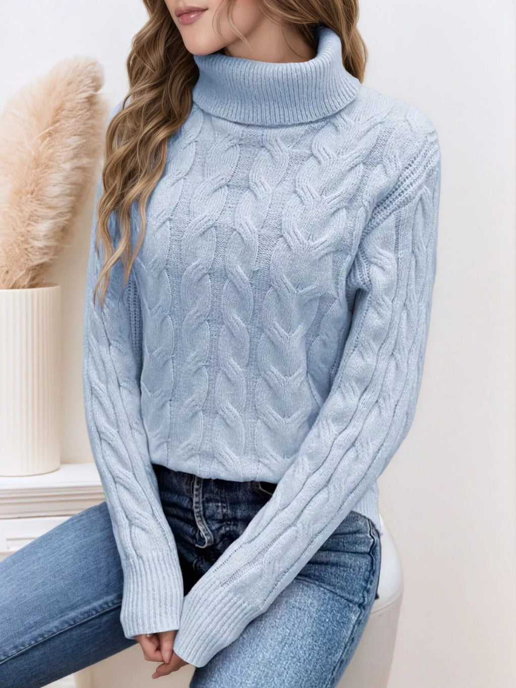 Cable Knit Turtleneck Long Sleeve Sweater