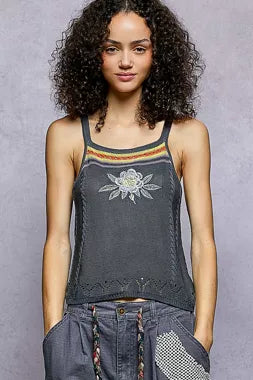 POL Embroidered Floral Square Neck Knit Cami