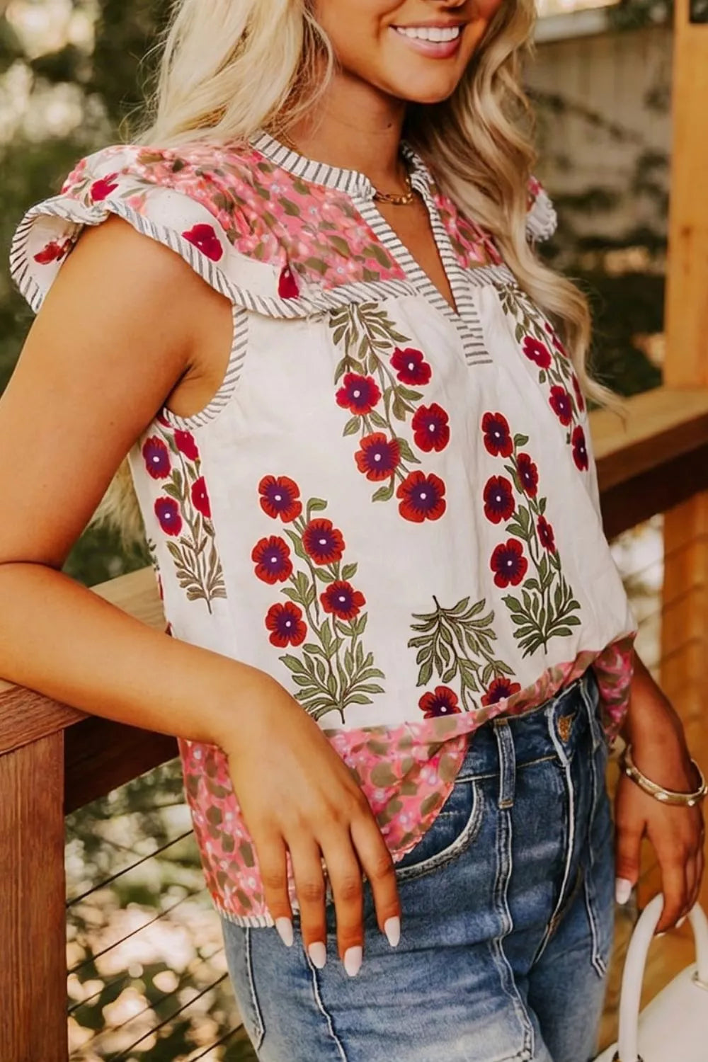 Floral Print Contrast Striped Trim Flutter Cotton Blouse