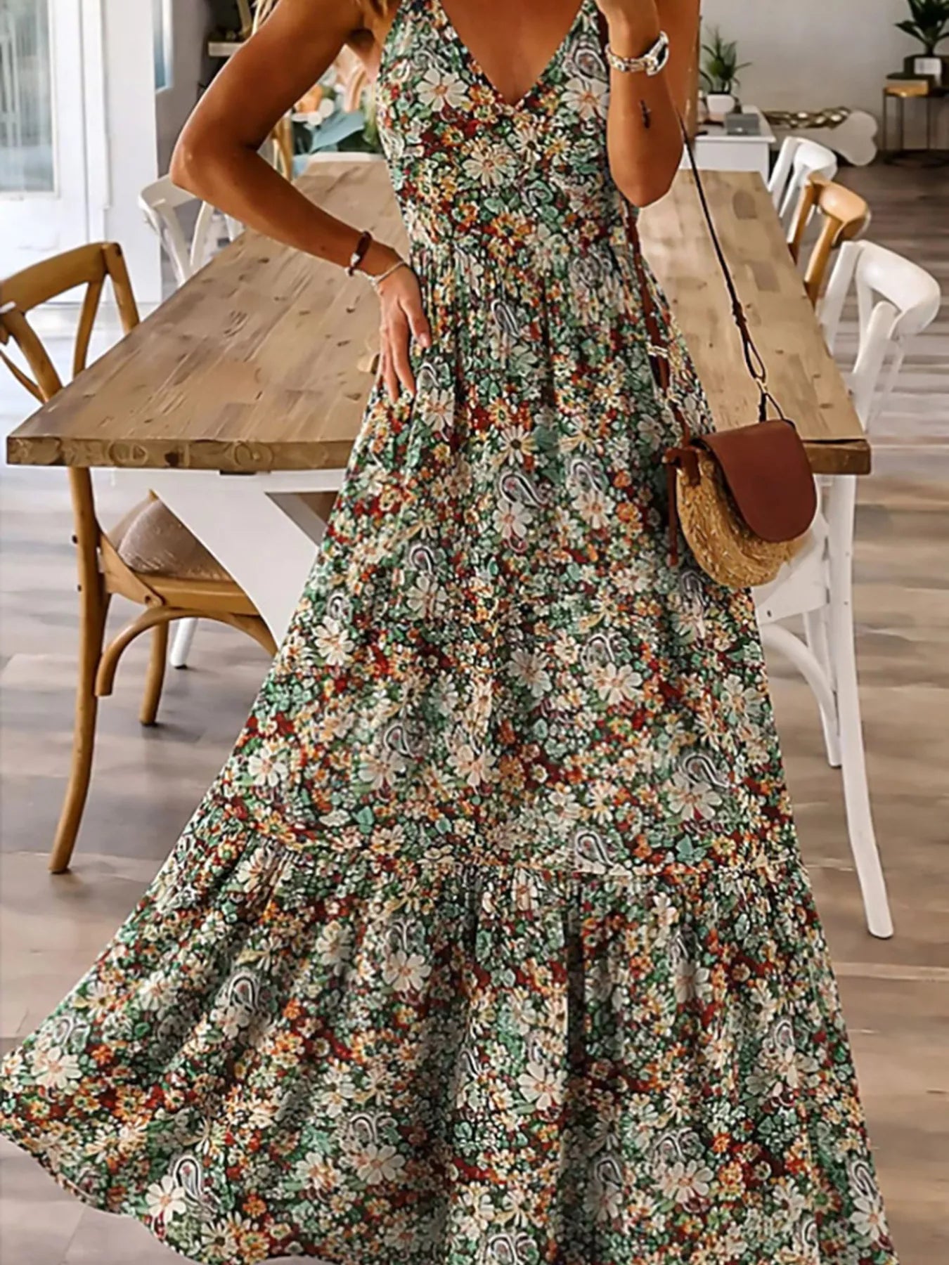 Floral Print Maxi Dress with Spaghetti Straps