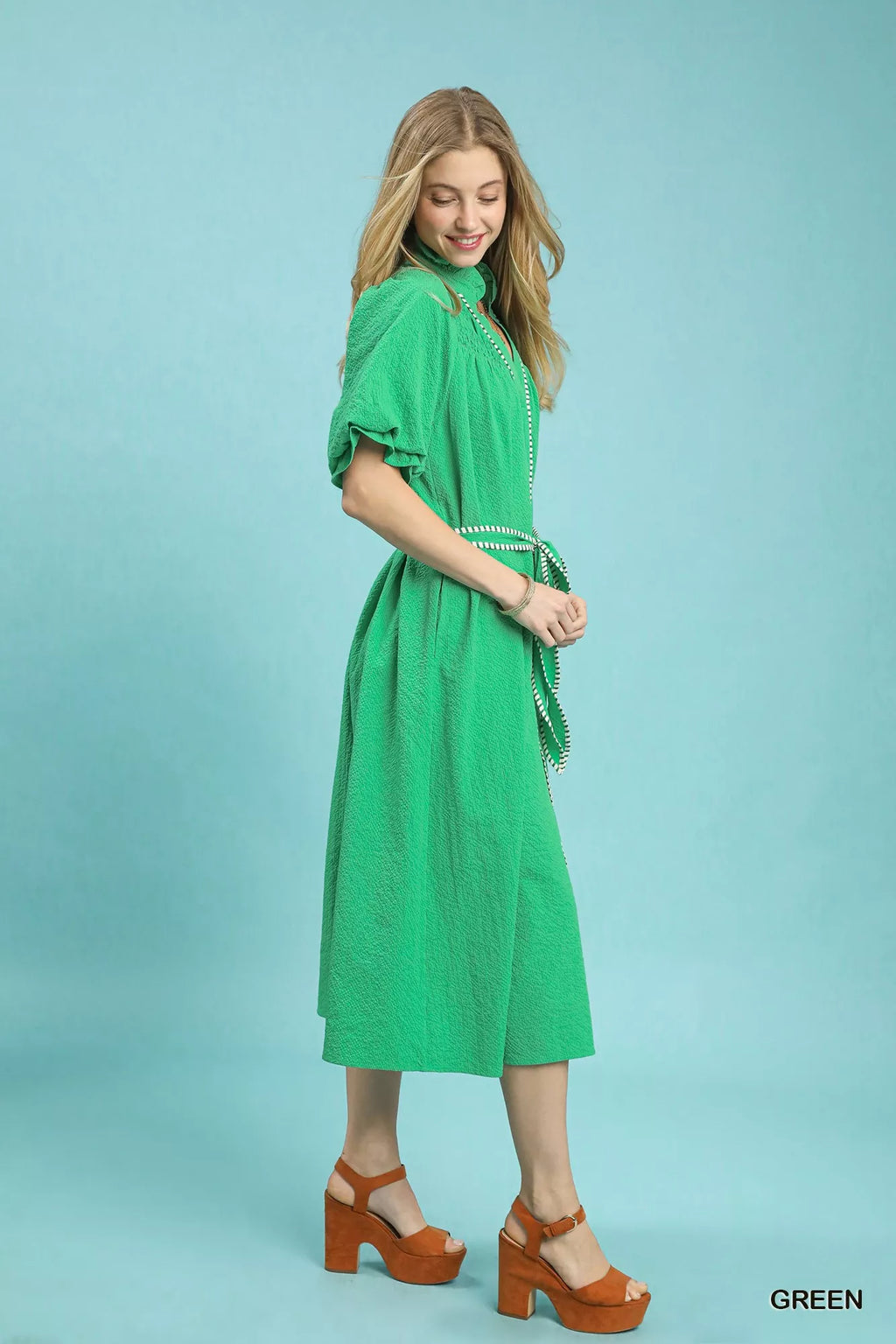 Umgee Ruffle Collar Midi Dress with Stripe Trim