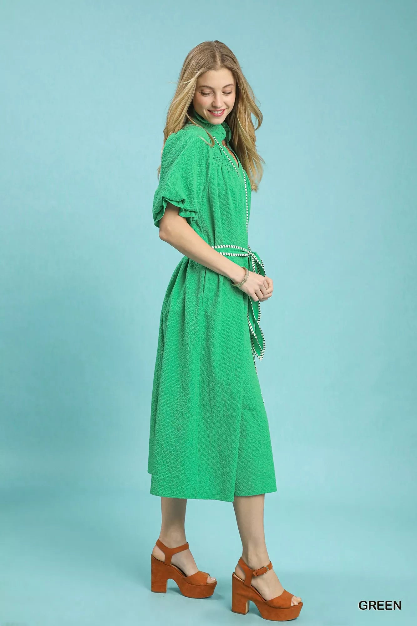 Umgee Ruffle Collar Midi Dress with Stripe Trim