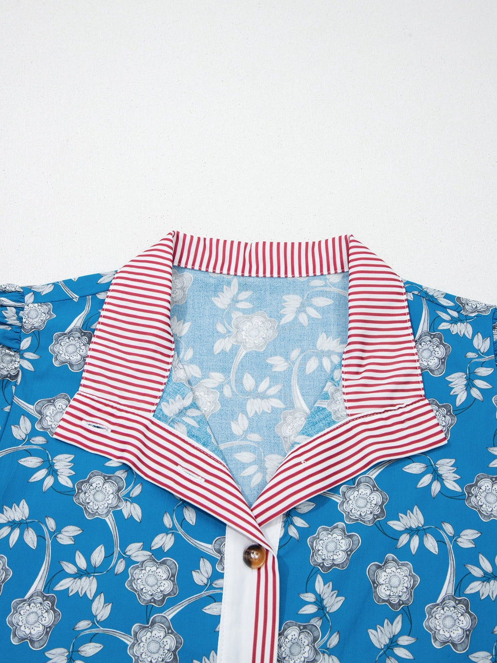 Floral Print Striped Trim Button Neck Short Sleeve Blouse