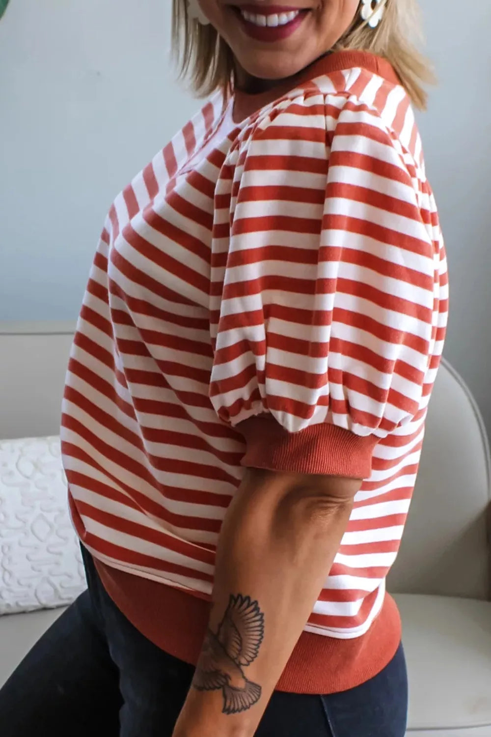 Striped Puff Sleeve Casual T-Shirt
