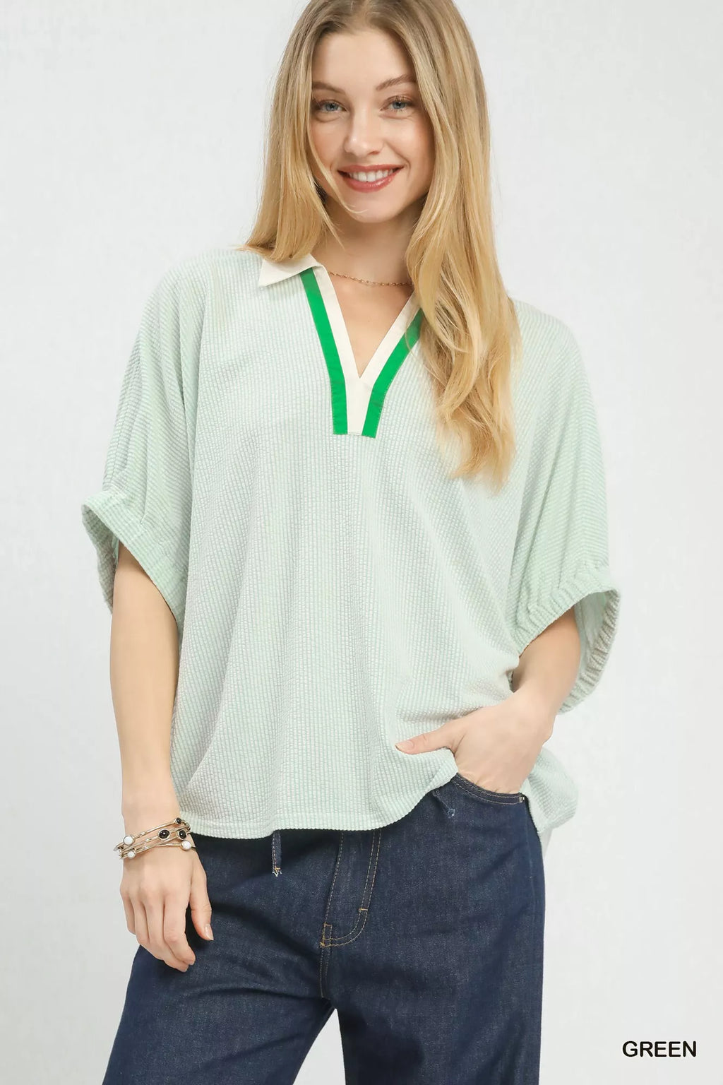 Umgee Contrast Collar V-Neck Top