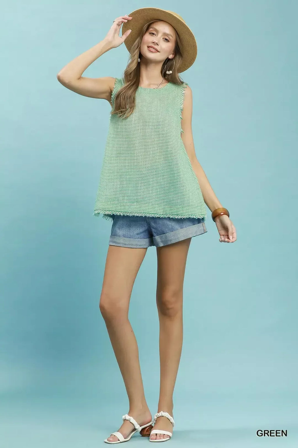 Umgee Stripe Fringe Trim Sleeveless Top