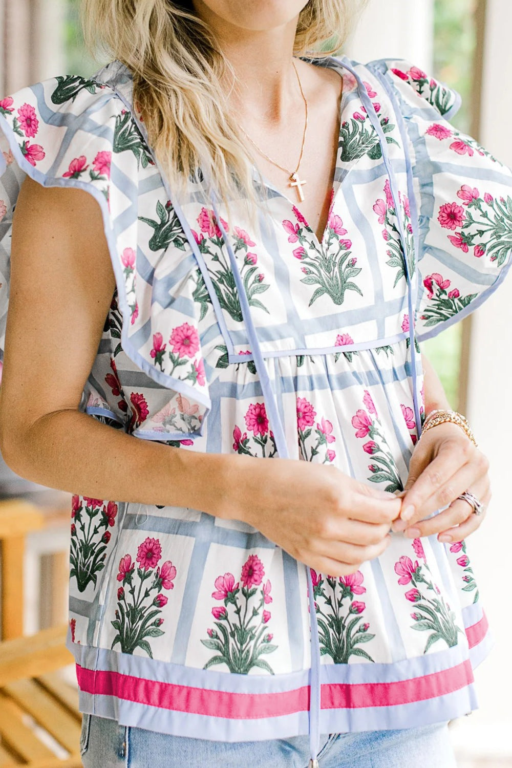 Floral Print Ruffle Sleeve Blouse