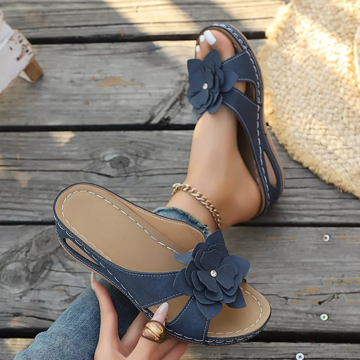 Flower Open Toe Wedge Sandals