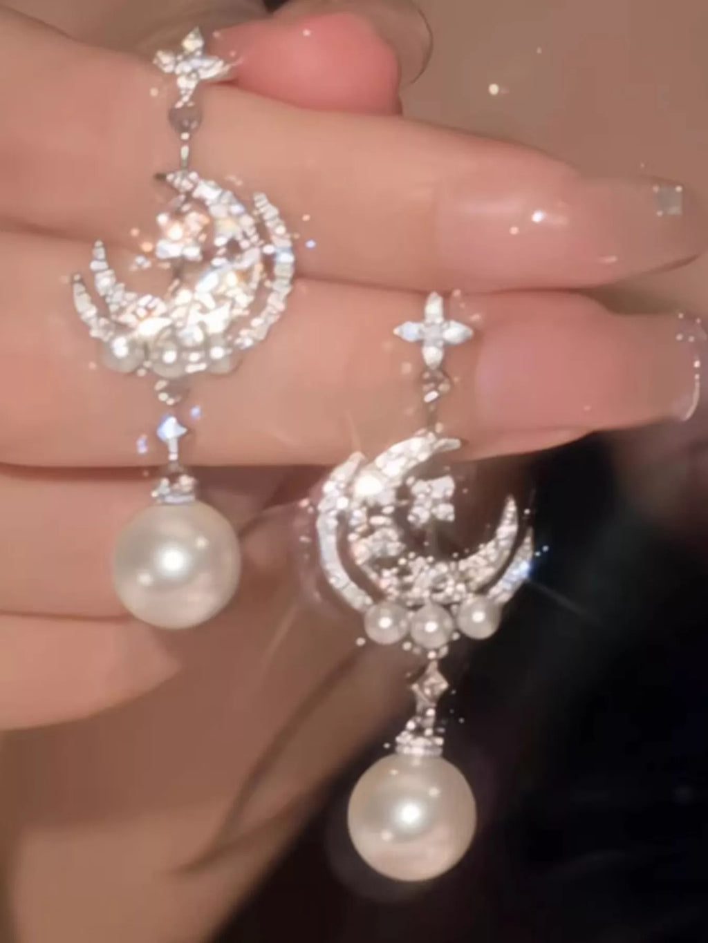 Moon & Star Pearl Dangle Earrings