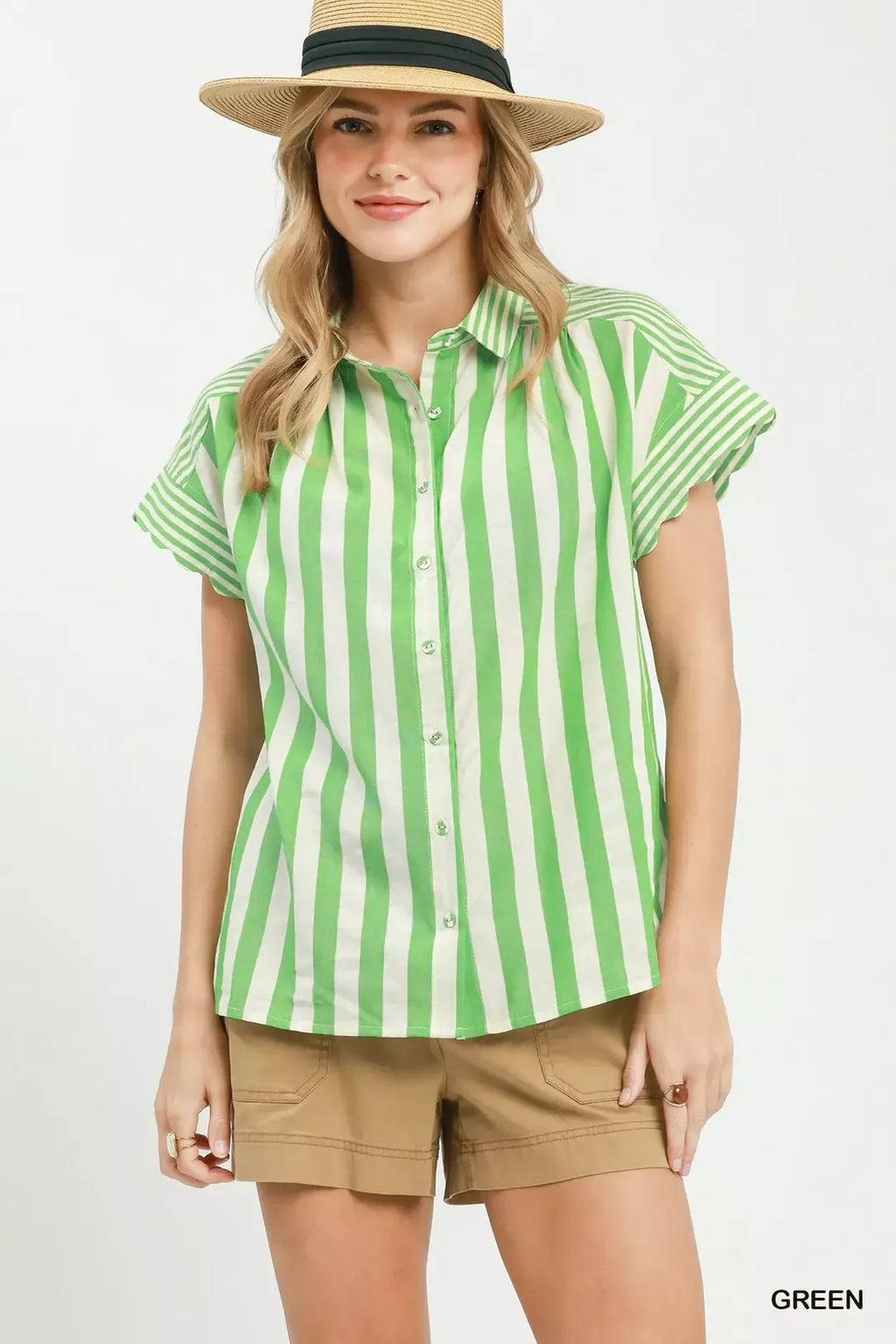 Umgee Striped Button Front Flutter Sleeve Top