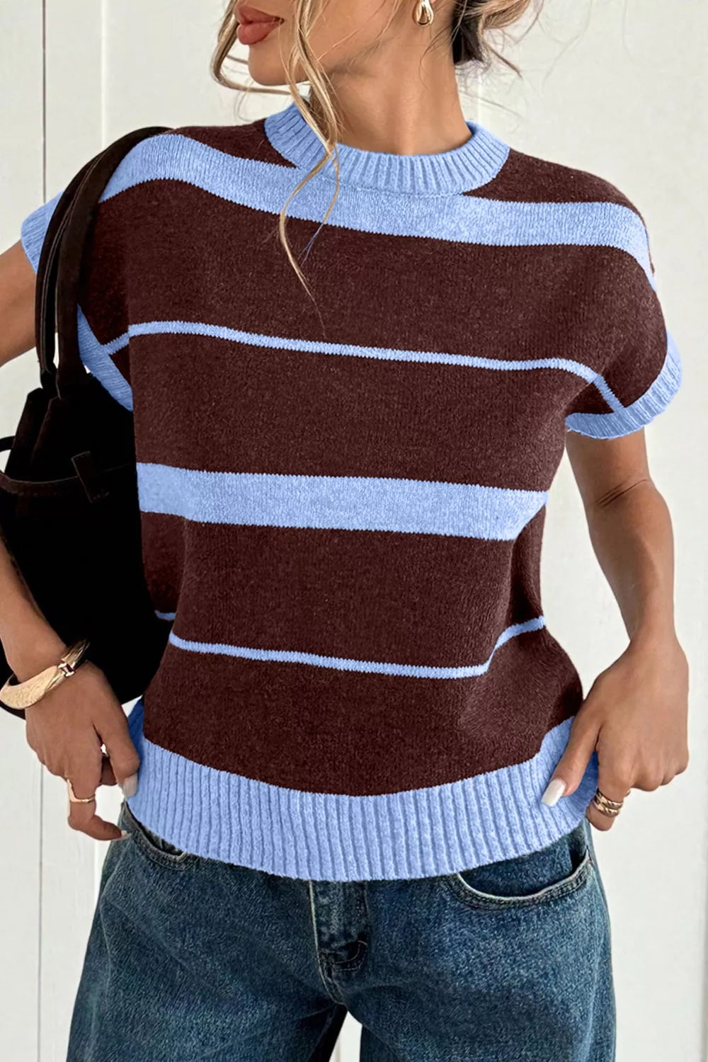 Striped Short Sleeve Round Neck Casual Knit Top